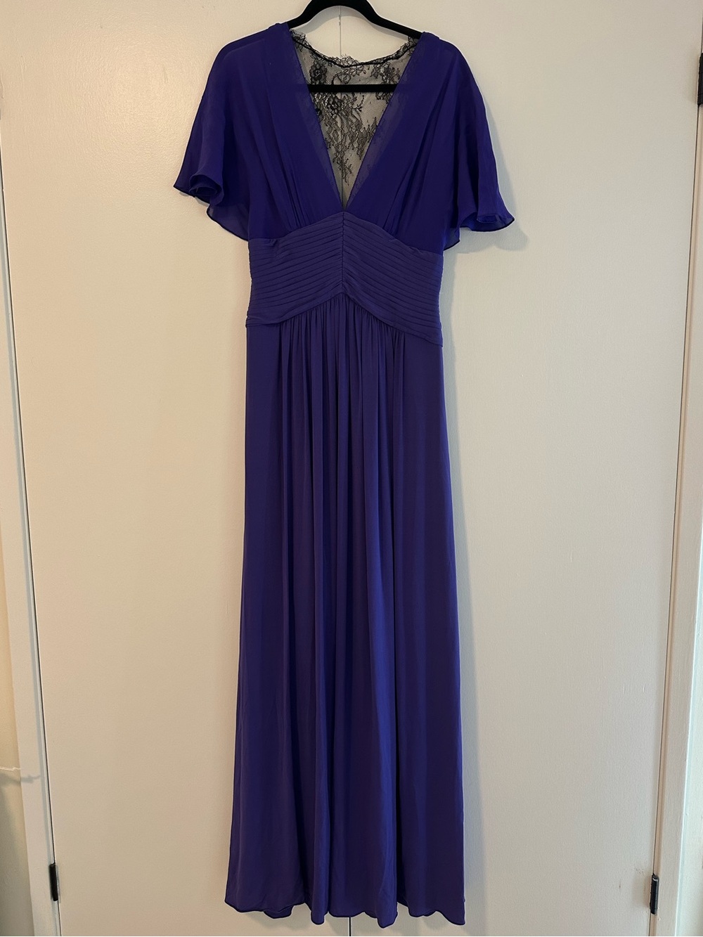 BCBGMaxAzria Deep Purple V‑Neck Lace‑Back Maxi Dress